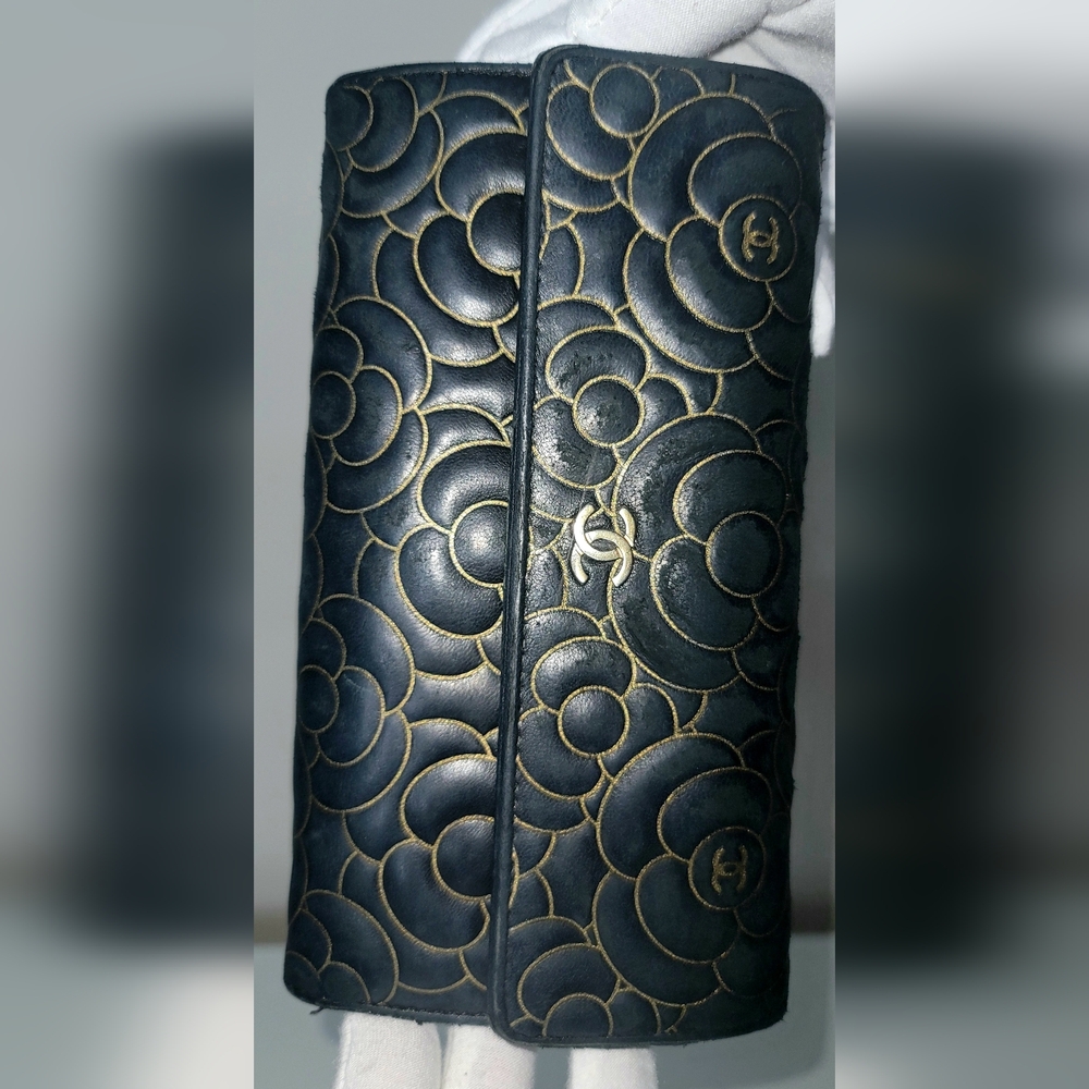 Authentic Black & Gold Chanel Camellia Embossed Long Wallet